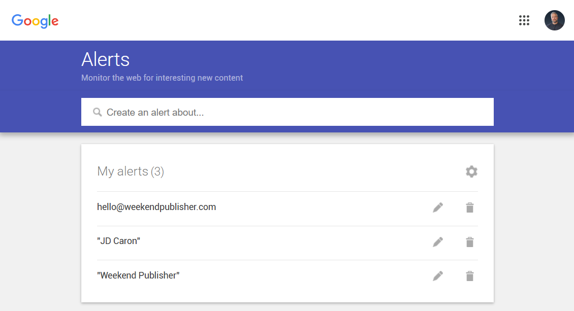 Google Alerts setup showing alerts for an author name and publisher brand, the free way to catch reviews nobody tells you about